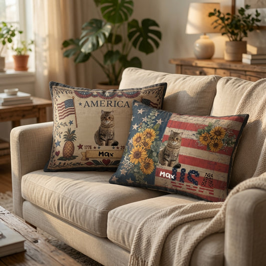 Personalized Vintage USA Flag Custom Cat Pillow