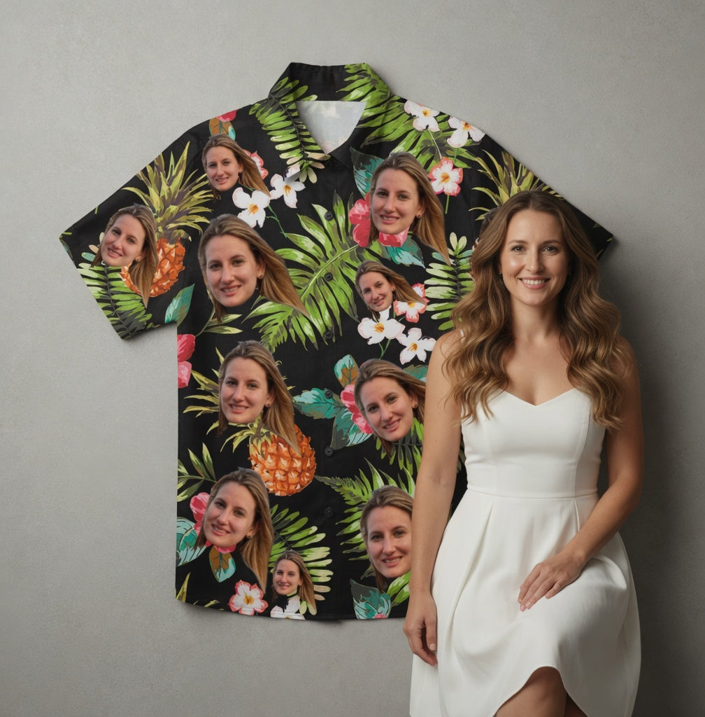 Pineapple & Hibiscus Print Black Aloha Shirt