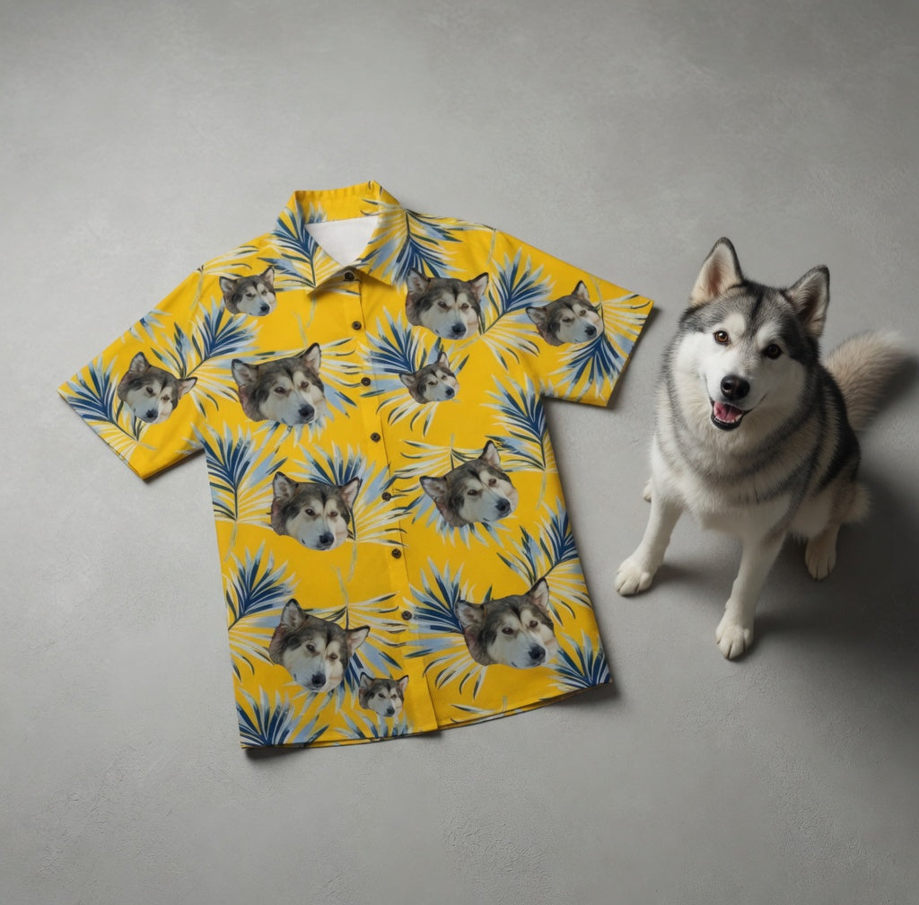 Yellow Hawaiian Shirt with Blue Palm Leaf Print