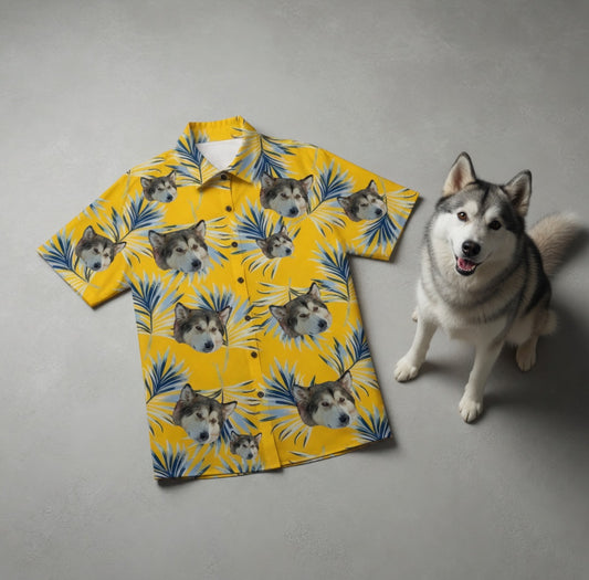 Yellow Hawaiian Shirt with Blue Palm Leaf Print