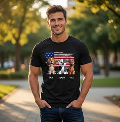 Personalized Multi-Dog American Flag Shirt – Custom Pet Name Cartoon T-Shirt