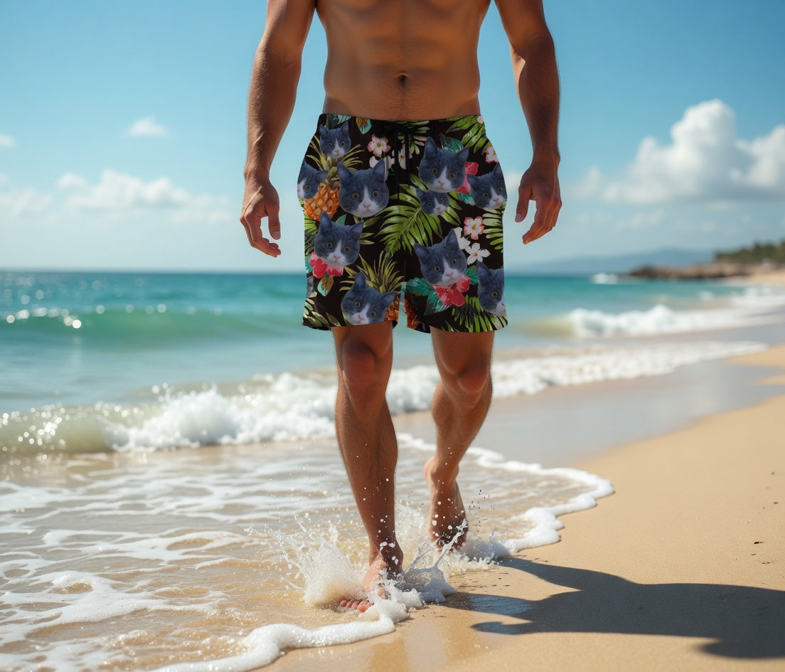 Black Swim Shorts with Pineapple & Hibiscus Print