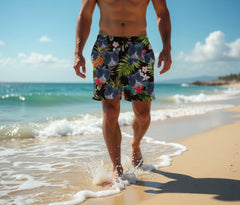 Black Swim Shorts with Pineapple & Hibiscus Print