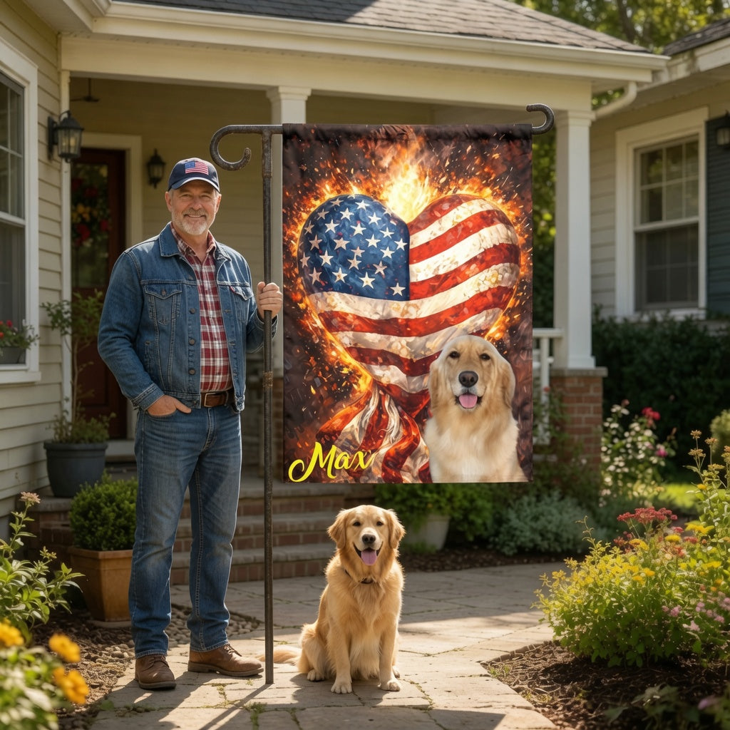 Custom Fire Heart Shaped American Flag Garden Flag, Grunge Patriotic Love USA Yard Banner Customizable 4th of July Decor