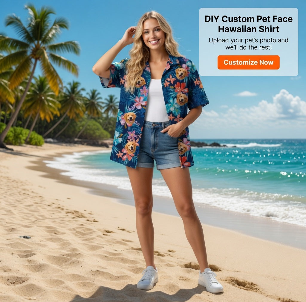 Custom Photo Hawaiian Shirt – Personalized Sunset Orange Floral & Palm Design – Unique DIY Tropical Beach Holiday Tee
