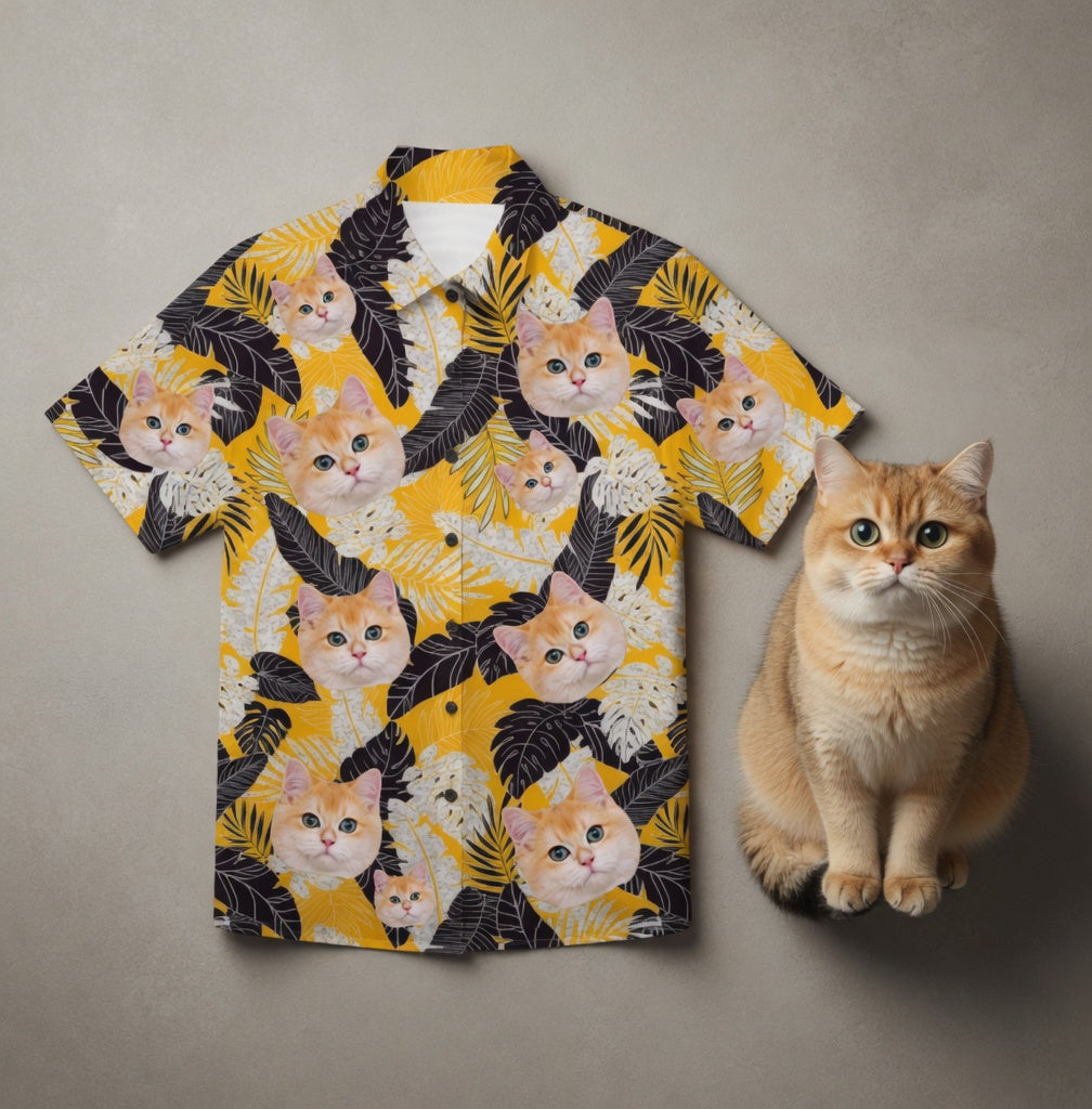 Black & White Tropical Leaf Print Yellow Hawaiian Shirt