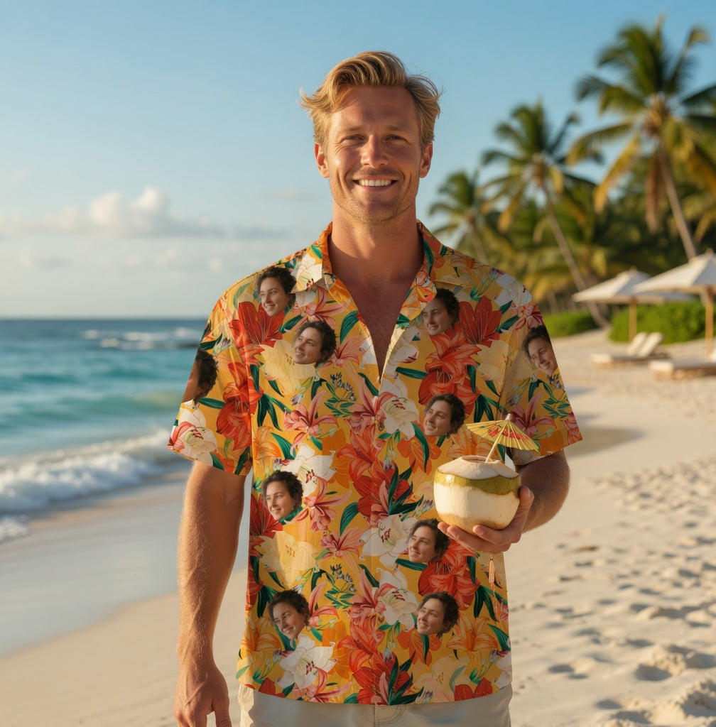 Custom Photo Hawaiian Shirt – Personalized Pink Hibiscus & Tropical Leaf Tee – Unique DIY Summer Vacation Party Gift