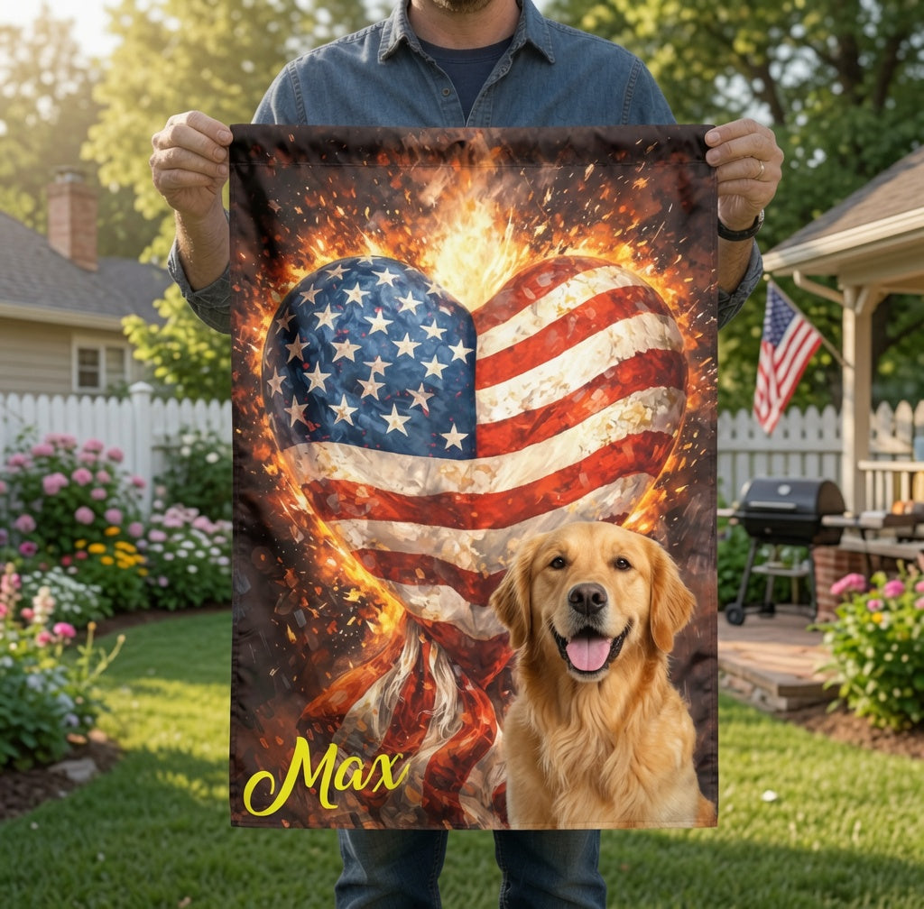 Custom Fire Heart Shaped American Flag Garden Flag, Grunge Patriotic Love USA Yard Banner Customizable 4th of July Decor