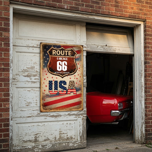 Custom Blank Route USA Leopard Print Vintage Distressed Metal Tin Sign, Personalized Text American Flag Retro Shield Wall Decor for Garage Bar Man Cave Home Decoration