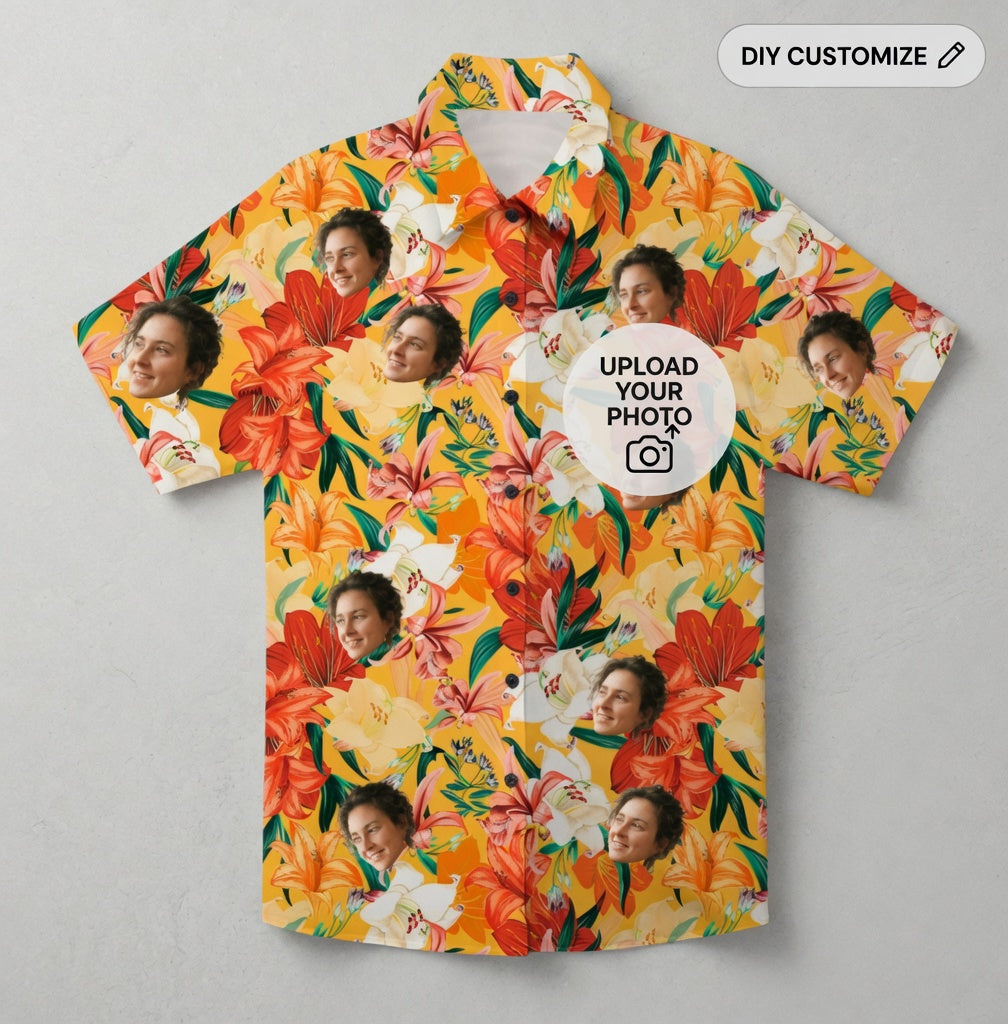 Custom Photo Hawaiian Shirt – Personalized Pink Hibiscus & Tropical Leaf Tee – Unique DIY Summer Vacation Party Gift