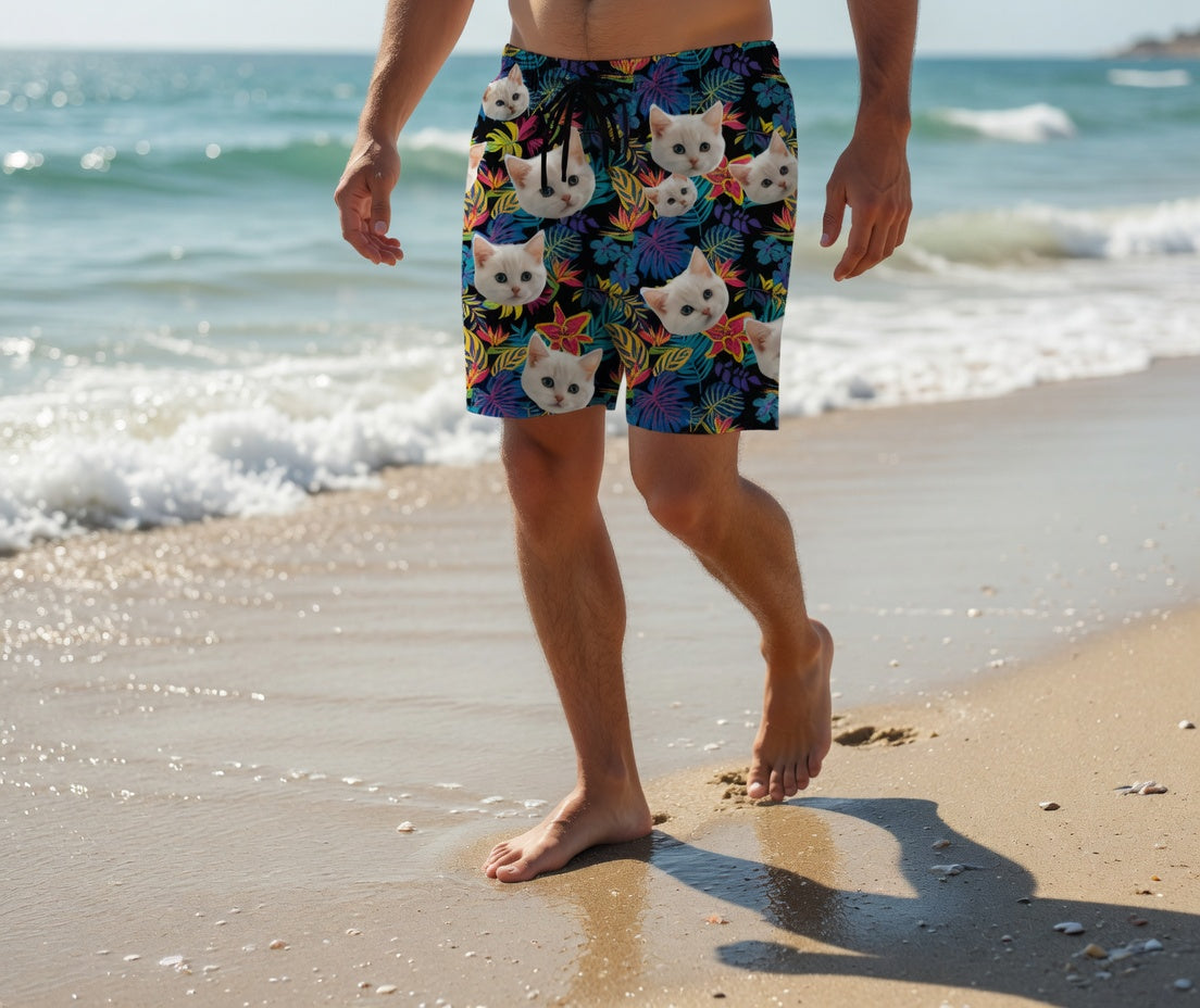 Neon Tropical Floral Print Black Board Shorts