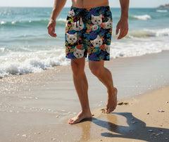 Neon Tropical Floral Print Black Board Shorts