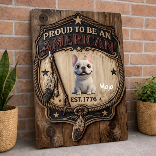 Custom Personalized Proud To Be An American EST.1776 Metal Sign, Vintage 3D Carved Wood Effect Blank Center Custom Name Text Patriotic Wall Plaque for Farmhouse Front Door Porch Decor