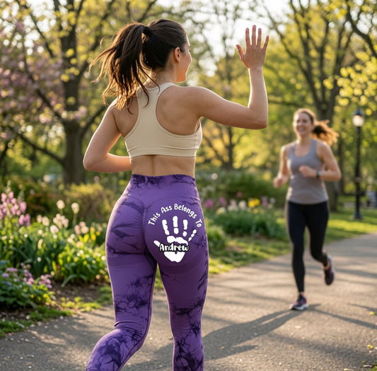 Custom Name Personalized Handprint Yoga Leggings, Tie Dye High Waist Custom Text Butt Lifting Workout Pants