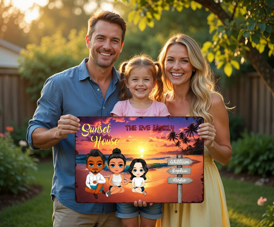 Custom Sunset House Family Portrait Personalized Vintage Metal Wall Sign