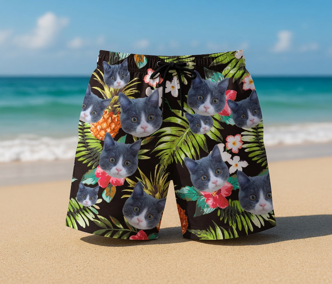 Black Swim Shorts with Pineapple & Hibiscus Print