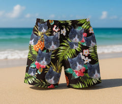 Black Swim Shorts with Pineapple & Hibiscus Print