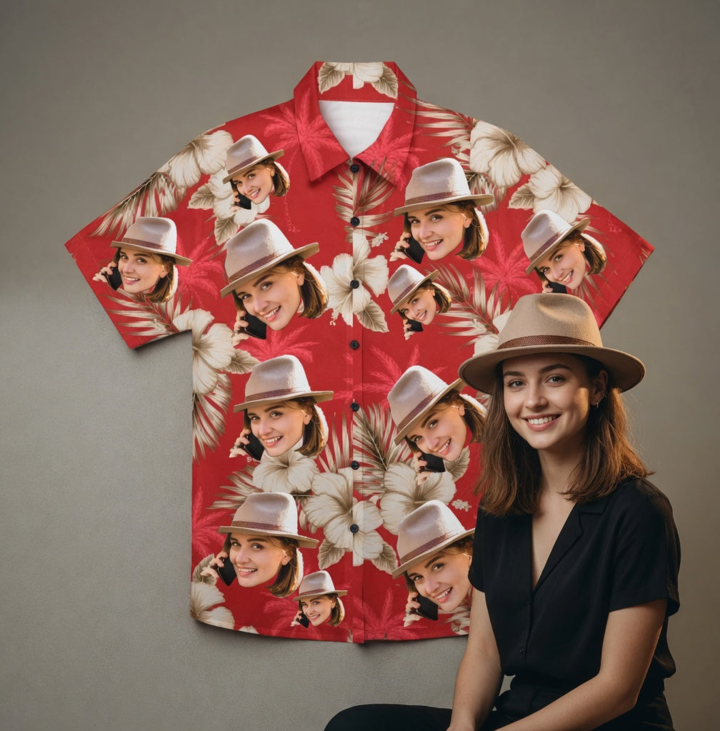 Red Hibiscus & Palm Tree Print Hawaiian Shirt