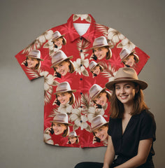 Red Hibiscus & Palm Tree Print Hawaiian Shirt