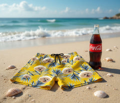 Yellow Hawaiian Board Shorts with Blue Palm Leaf Print