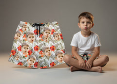Custom Photo Hawaiian Shorts – Personalized Vibrant Sunflower & Green Foliage Beach Trunks – Unique DIY Summer Luau Apparel
