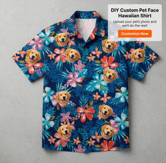 Custom Photo Hawaiian Shirt – Personalized Sunset Orange Floral & Palm Design – Unique DIY Tropical Beach Holiday Tee