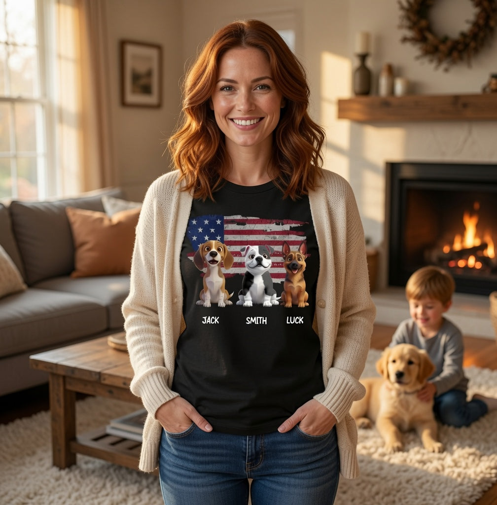 Personalized Multi-Dog American Flag Shirt – Custom Pet Name Cartoon T-Shirt
