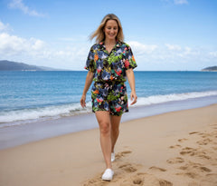 Black Swim Shorts with Pineapple & Hibiscus Print