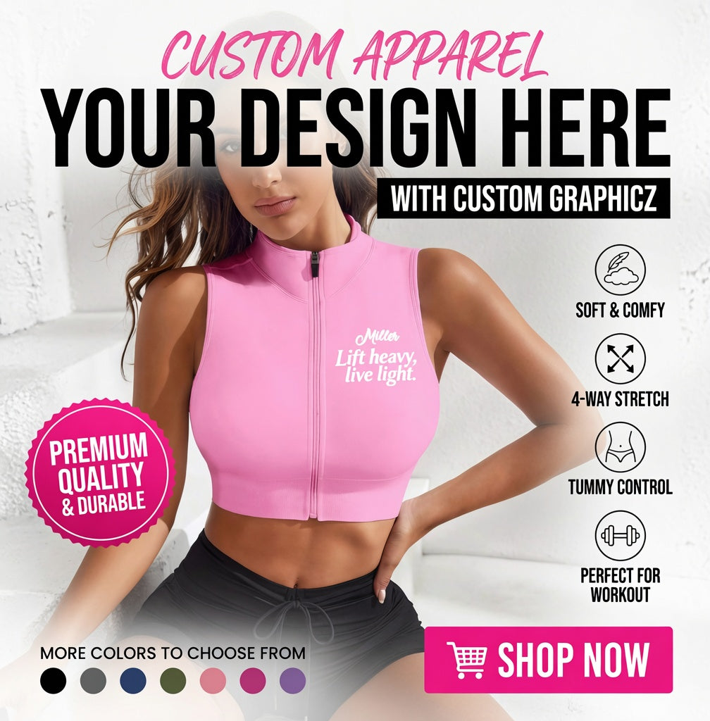 Custom Quote Zip Front Sleeveless Workout Crop Top Lift Heavy Live Light Gym Tank