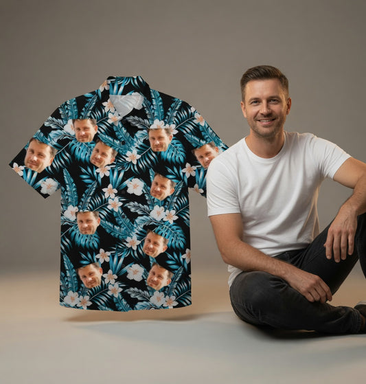 Custom Photo Hawaiian Shirt – Personalized Red Tropical Bloom & Green Palm Button-Down – Unique DIY Bold Aloha Vibe Apparel