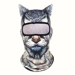 3D animal face winter balaclava, Snow Leopard - pale gray spotted cat face print, full head and neck coverage