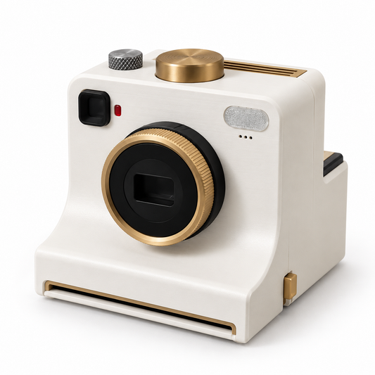 White coffee foam art printer with gold trim on a white background