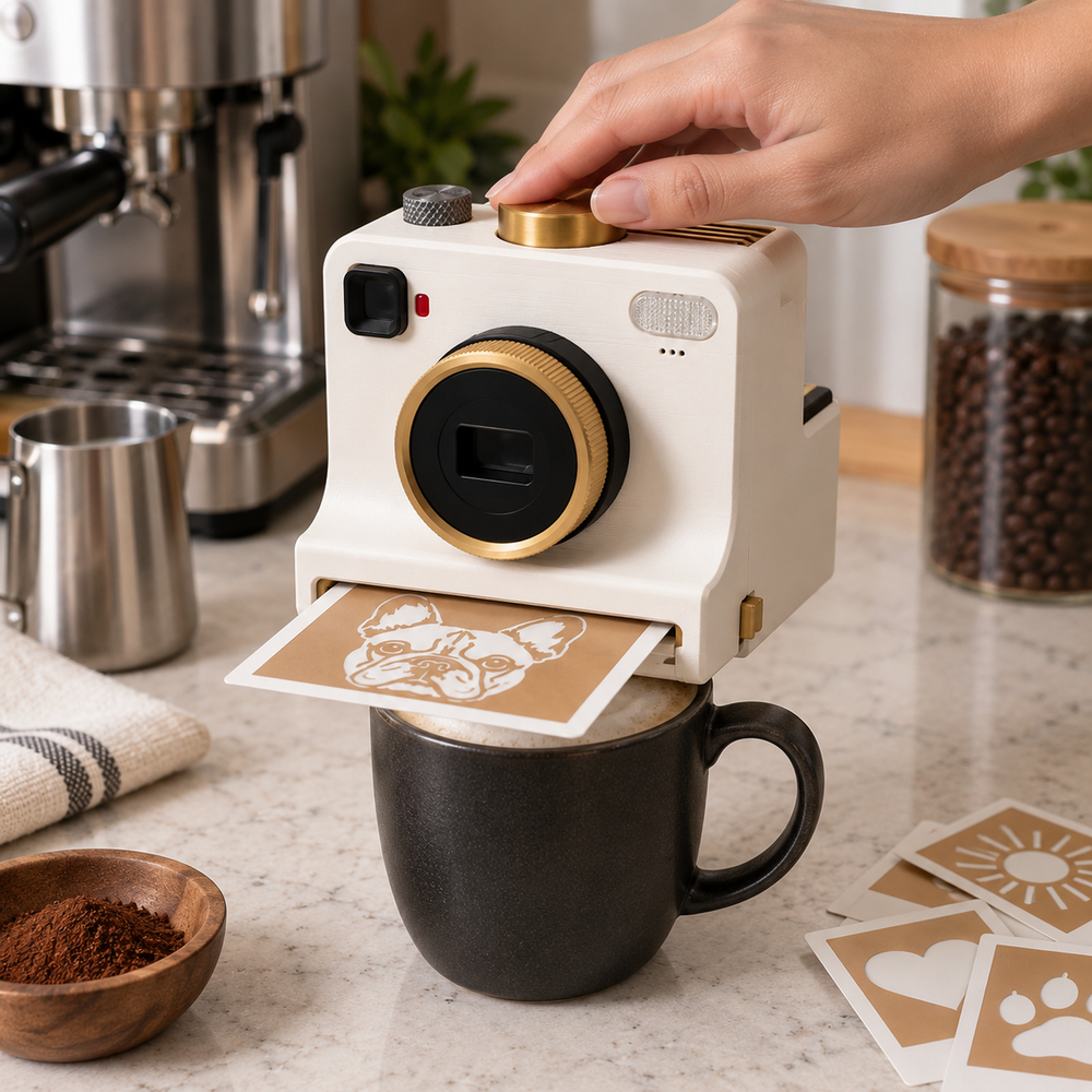 A hand slides a stencil card with a dog face cut out of the front of the white printer and rests it across a black cup of frothed coffee, with extra cards for a sun, a heart and a paw print on the counter