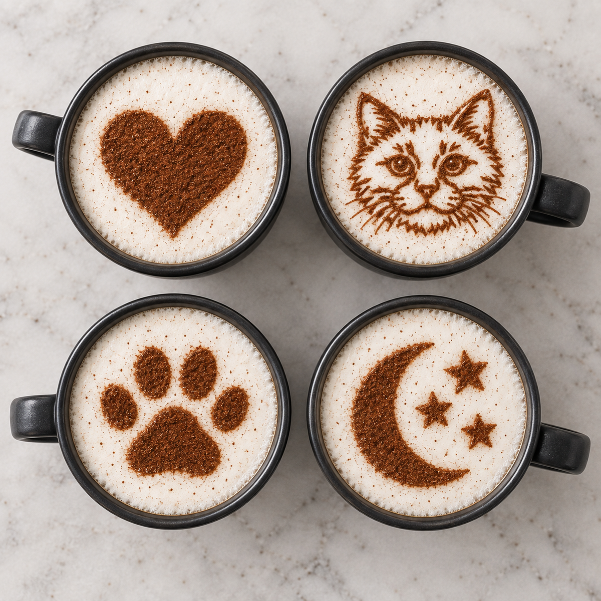 Four black mugs of frothed coffee showing cocoa powder designs of a heart, a cat face, a paw print and a crescent moon with stars
