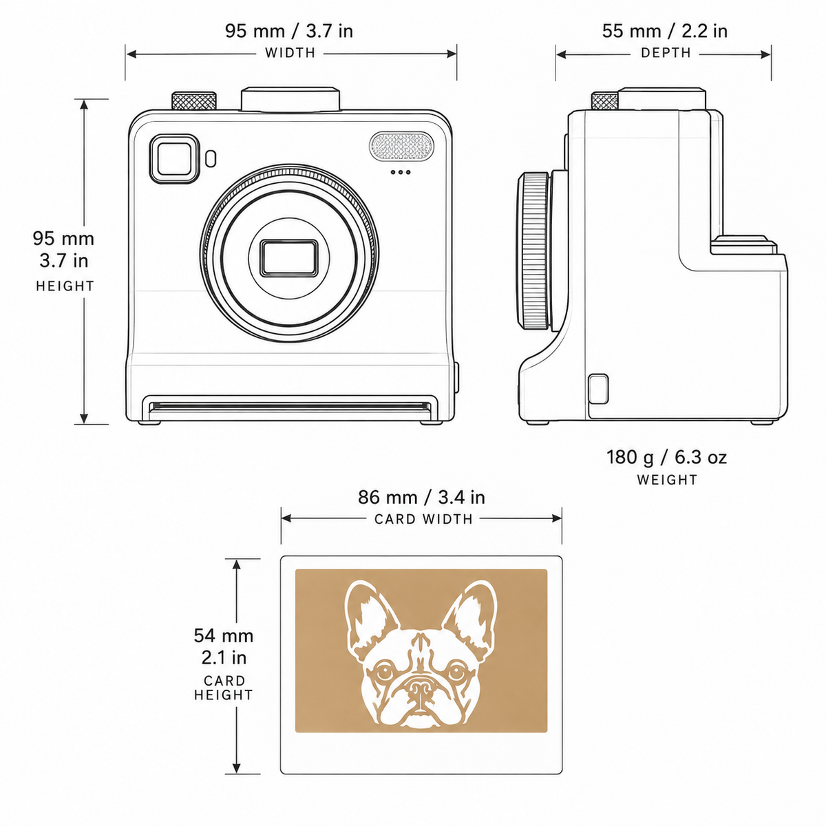 Line drawing of the printer from the front and the side with the measurements 95 mm width, 95 mm height, 55 mm depth and 180 g weight, and a stencil card measuring 86 by 54 mm