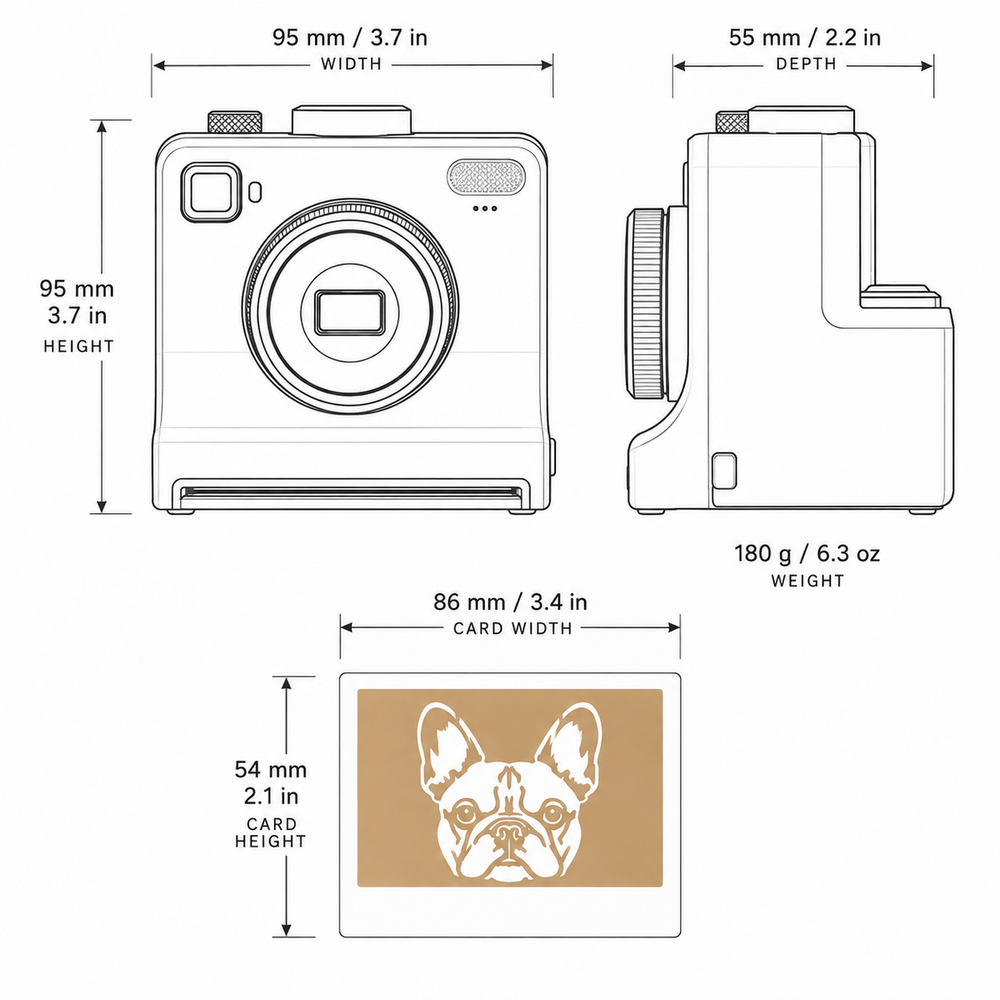 Line drawing of the printer from the front and the side with the measurements 95 mm width, 95 mm height, 55 mm depth and 180 g weight, and a stencil card measuring 86 by 54 mm