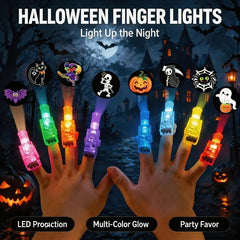 Two hands wearing lit finger lights against a dark Halloween scene, throwing pumpkin, ghost, witch, bat and spider web shapes, headed Halloween Finger Lights