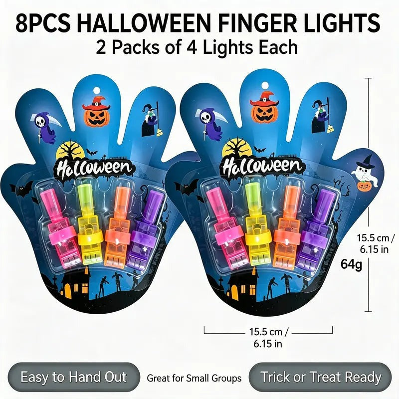 Two hand-shaped cards of four LED finger lights each, labeled 8PCS Halloween Finger Lights and 64 g, for a small group of trick or treaters