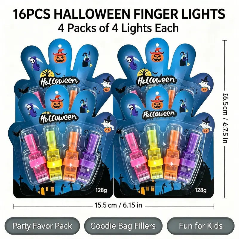 Four cards of four finger lights in pink, yellow, orange and purple, labeled 16PCS Halloween Finger Lights and 128 g, as a party favor pack