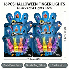 Four cards of four finger lights in pink, yellow, orange and purple, labeled 16PCS Halloween Finger Lights and 128 g, as a party favor pack