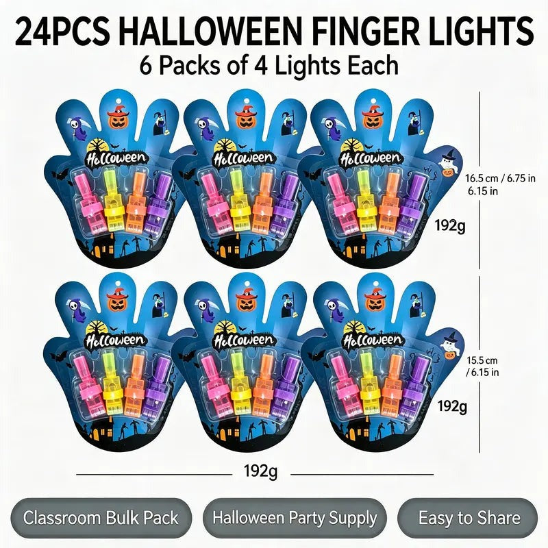 Six cards of four finger lights each, labeled 24PCS Halloween Finger Lights and 192 g, sold as a classroom bulk pack