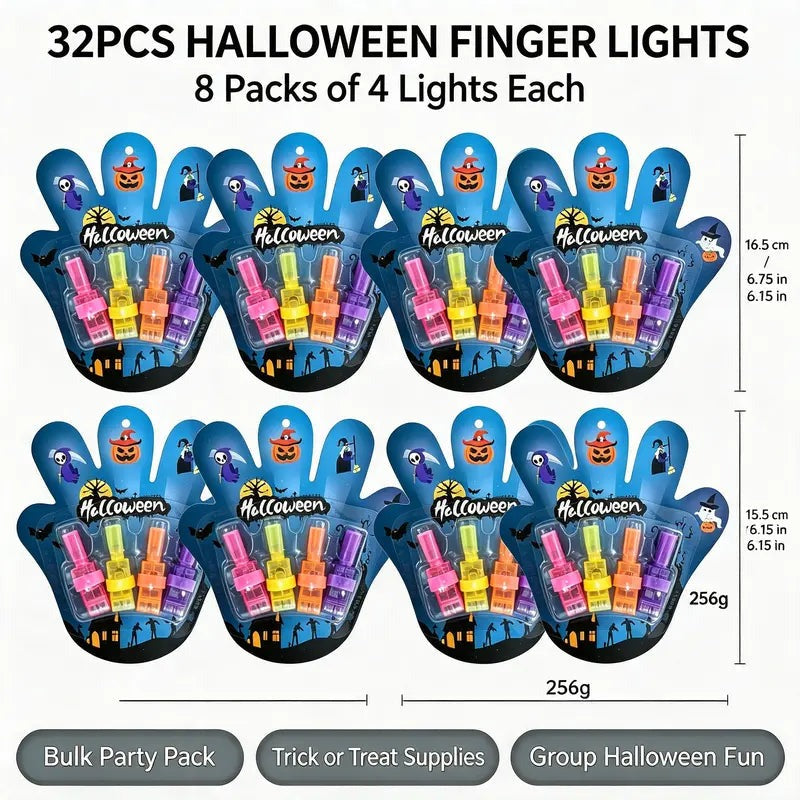 Eight cards of four finger lights each, labeled 32PCS Halloween Finger Lights and 256 g, as a bulk party pack
