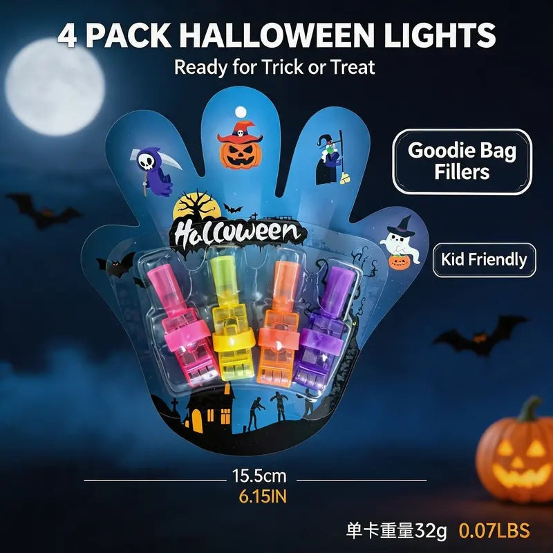 One hand-shaped retail card holding four Halloween finger lights in pink, yellow, orange and purple, marked 4 Pack Halloween Lights with the card width given as 15.5 cm