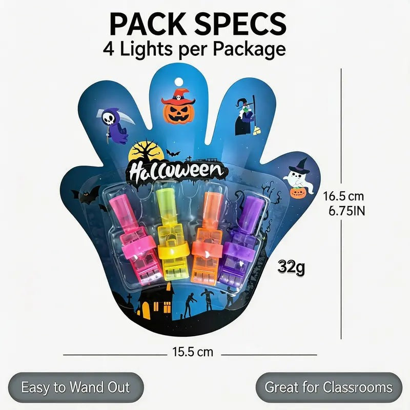 The pack spec panel: a single card of four finger lights measuring 15.5 by 16.5 cm and weighing 32 g, with notes that it is easy to hand out and good for classrooms