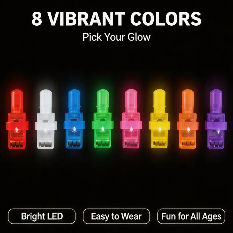 The finger light in eight vibrant body colors lined up and lit against a black background, tagged Bright LED, Easy to Wear and Fun for All Ages