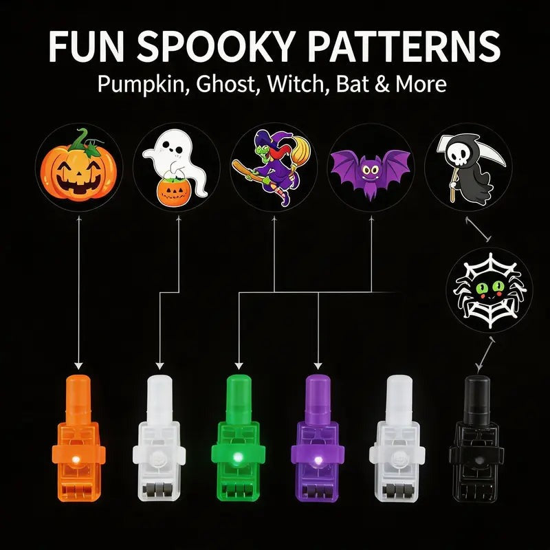 The spooky pattern set of pumpkin, ghost, witch, bat, grim reaper and spider web, with lines drawn down to the lights that throw each one