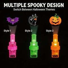 Three projector styles shown lit: Style 1 a bat, Style 2 a black cat and Style 3 a jack-o-lantern