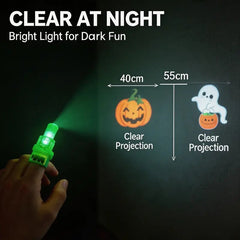 A hand wearing a green finger light in the dark throwing a clear pumpkin at 40 cm and a clear ghost at 55 cm, headed Clear at Night