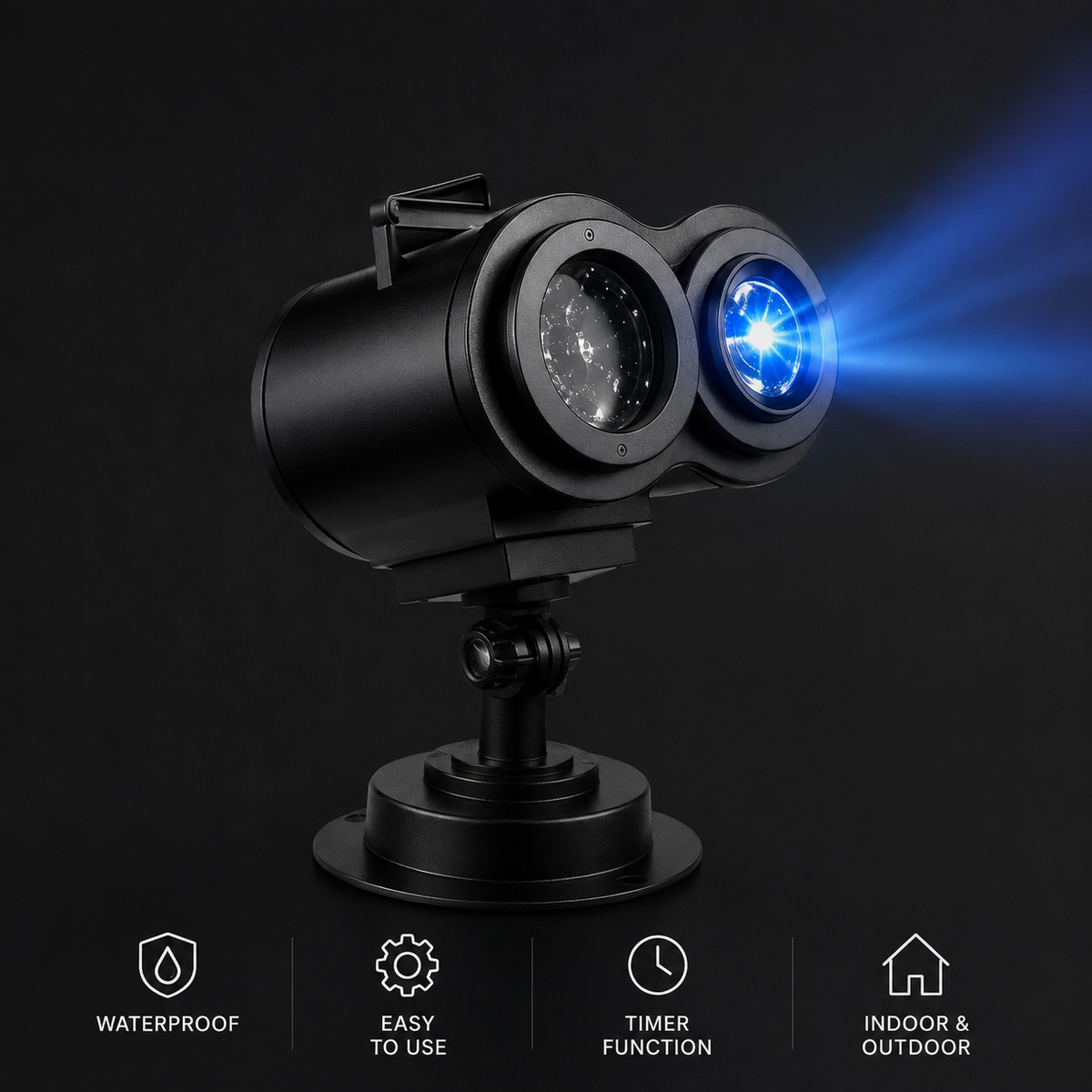 Haunted yard projector light on a black background with a projected reaper scene, showing the waterproof housing, timer function and the indoor and outdoor base
