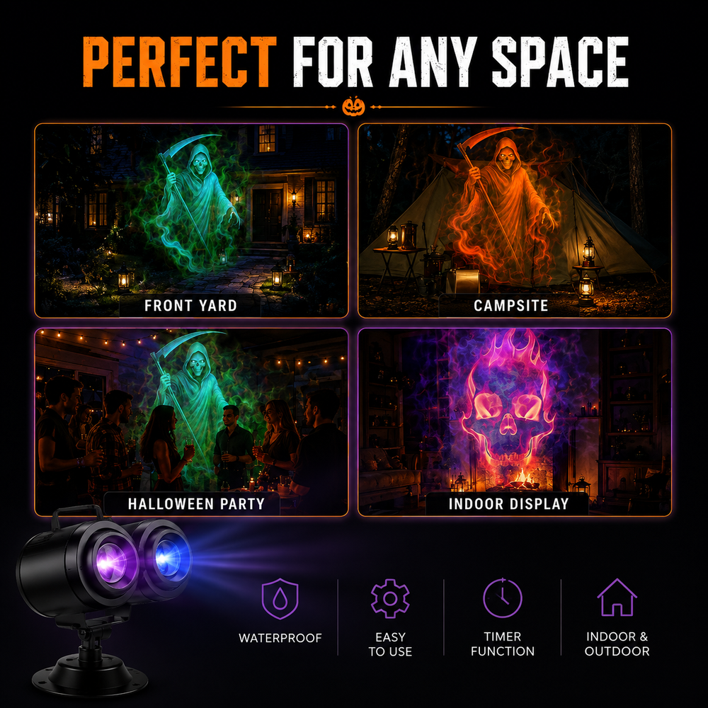 The same projector throwing a haunted scene on a house wall, a campsite tent, a party wall and an indoor display